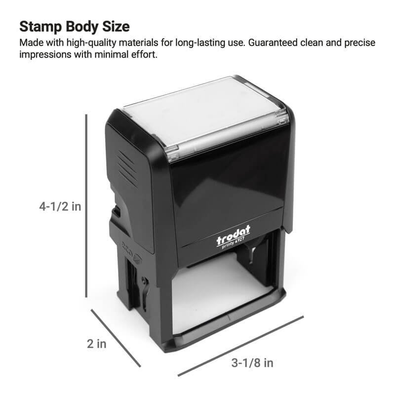 Trodat Printy 4927 self-inking stamp with body size 4.5" x 3.13" x 2", built for durable, high-quality impressions