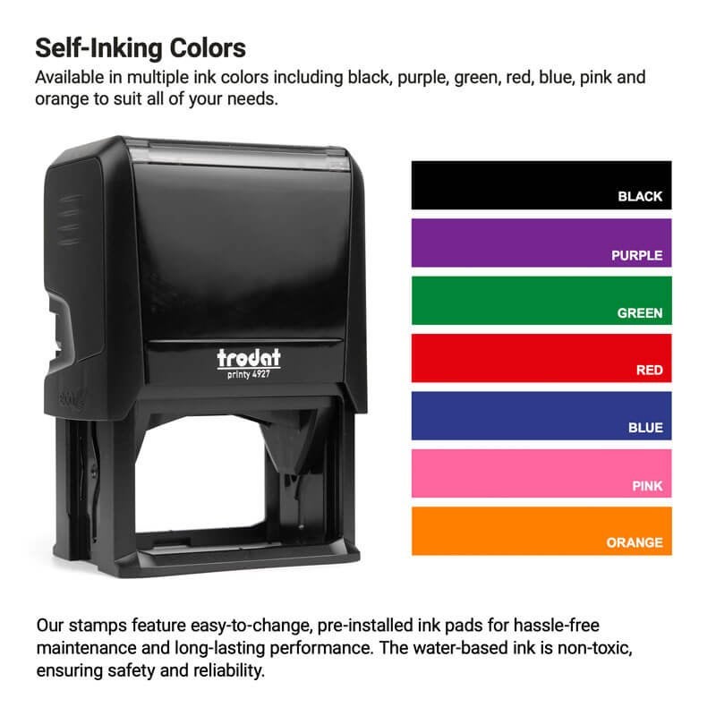 Image of a self-inking stamp. Next to it is a color chart displaying ink options: black, purple, green, red, blue, pink, and orange. Text details the stamps features, including easy-to-change ink pads.