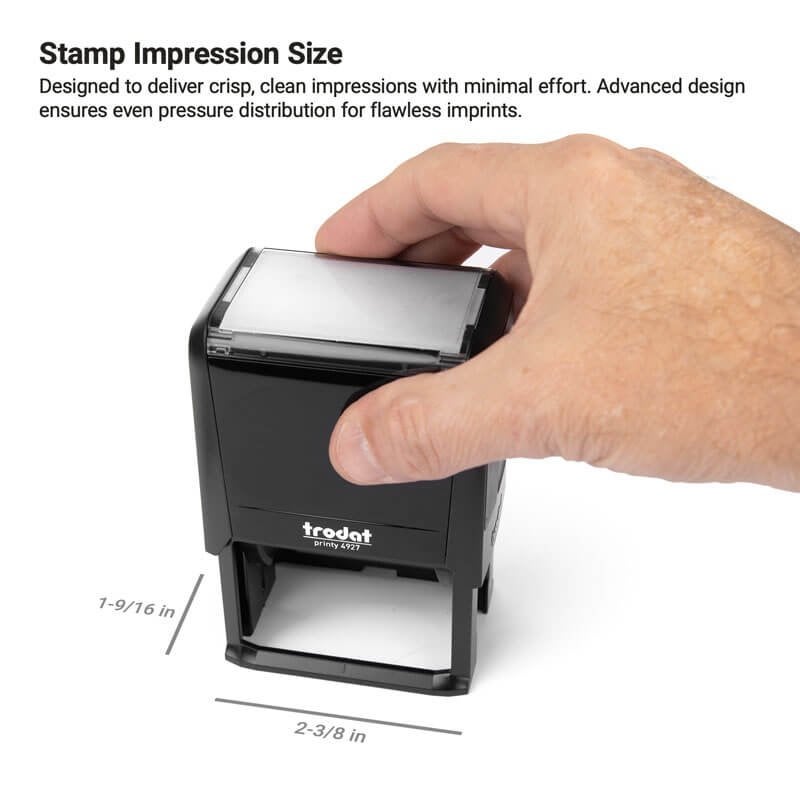 Hand pressing Trodat Printy 4927 self-inking stamp with impression size 1.56" x 2.38", designed for clear, even stamping