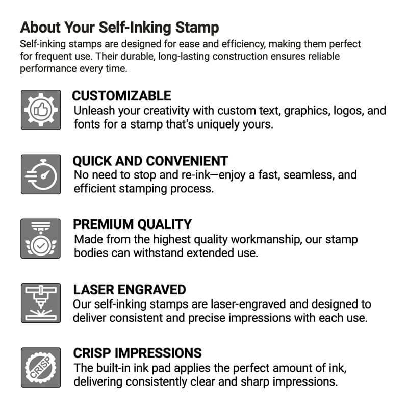  An informational graphic about self-inking stamps, featuring icons and descriptions for features: customizable text and designs, fast and easy use, premium quality construction, laser engraving, and crisp impressions for clear, sharp marks.
