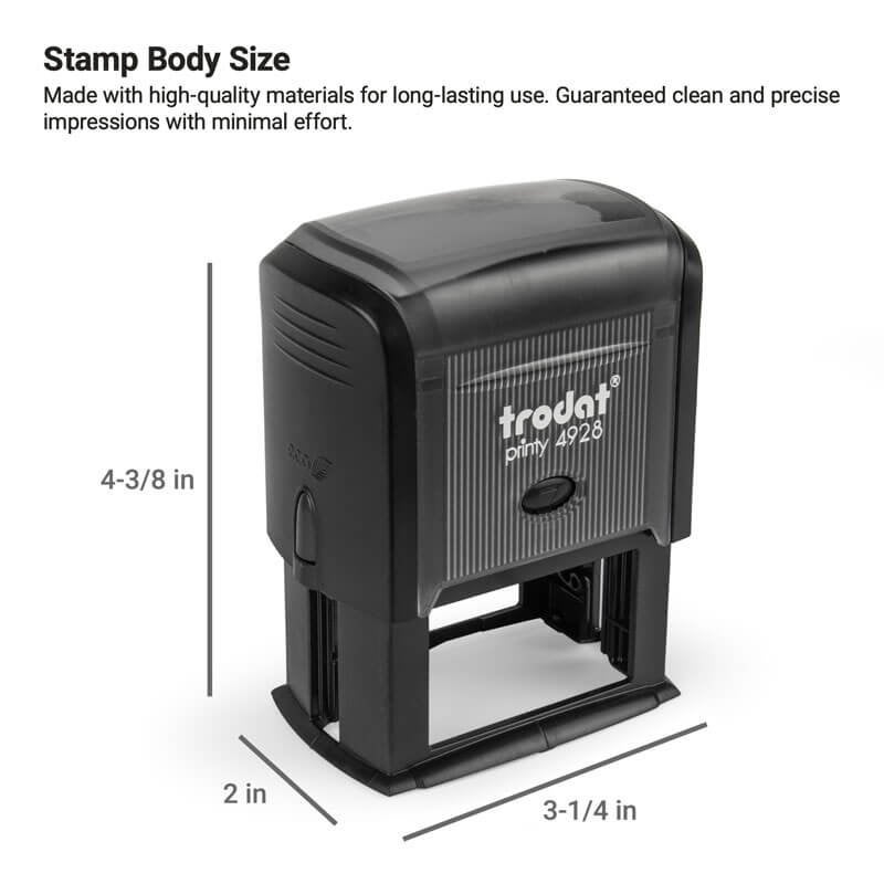 Trodat Printy 4928 stamp shown with dimensions of 4-3/8 in height, 3-1/4 in width, and 2 in depth