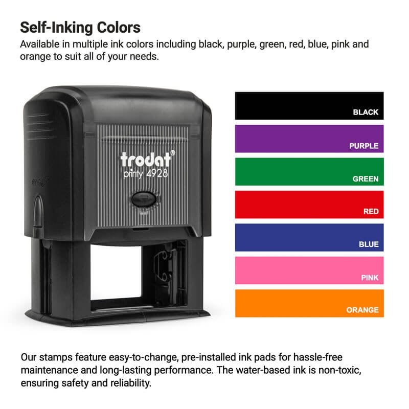 Image of a self-inking stamp. Next to it is a color chart displaying ink options: black, purple, green, red, blue, pink, and orange. Text details the stamps features, including easy-to-change ink pads.