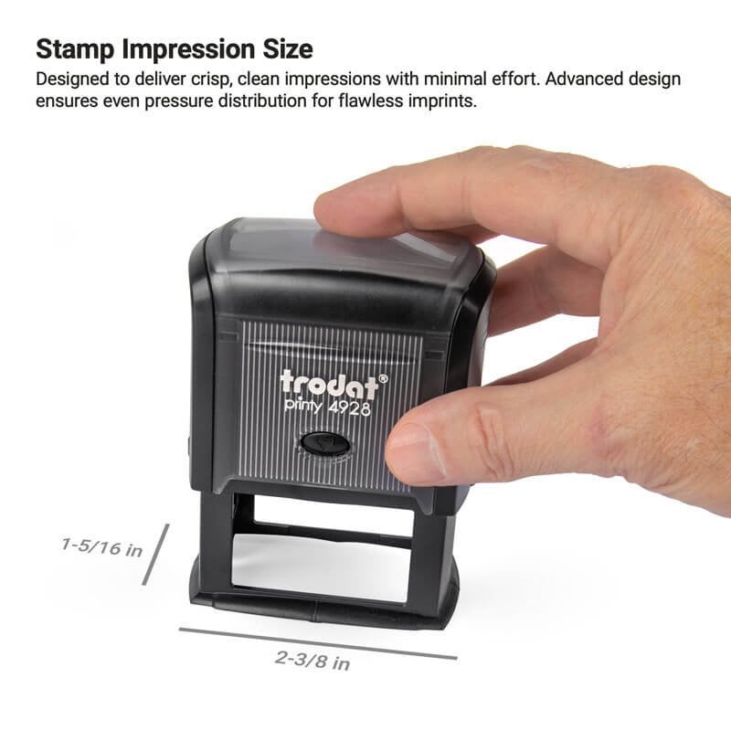 A hand holding a Trodat Printy 4928 self-inking stamp in use, demonstrating an impression area of 2-3/8 in x 1-5/16 in