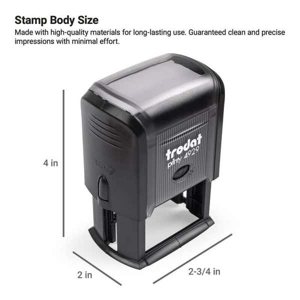 Trodat Printy 4929 self-inking stamp shown with labeled body dimensions of 4 inches tall by 2-3/4 inches wide by 2 inches deep