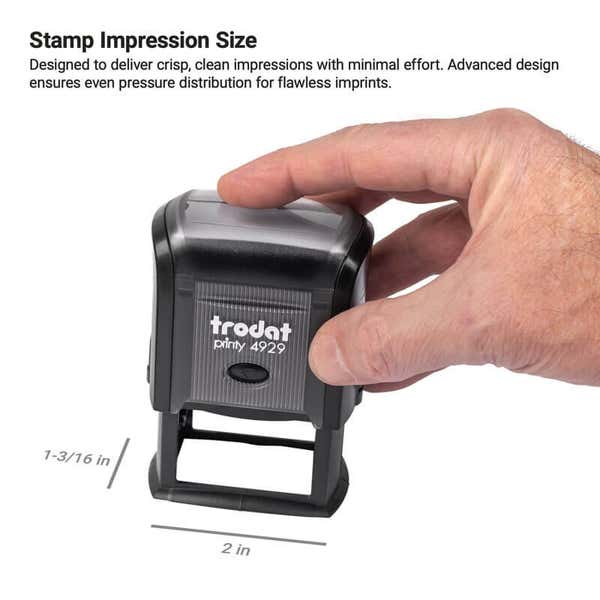 Hand holding Trodat Printy 4929 stamp over paper, showing impression size of 1-3/16 inches by 2 inches