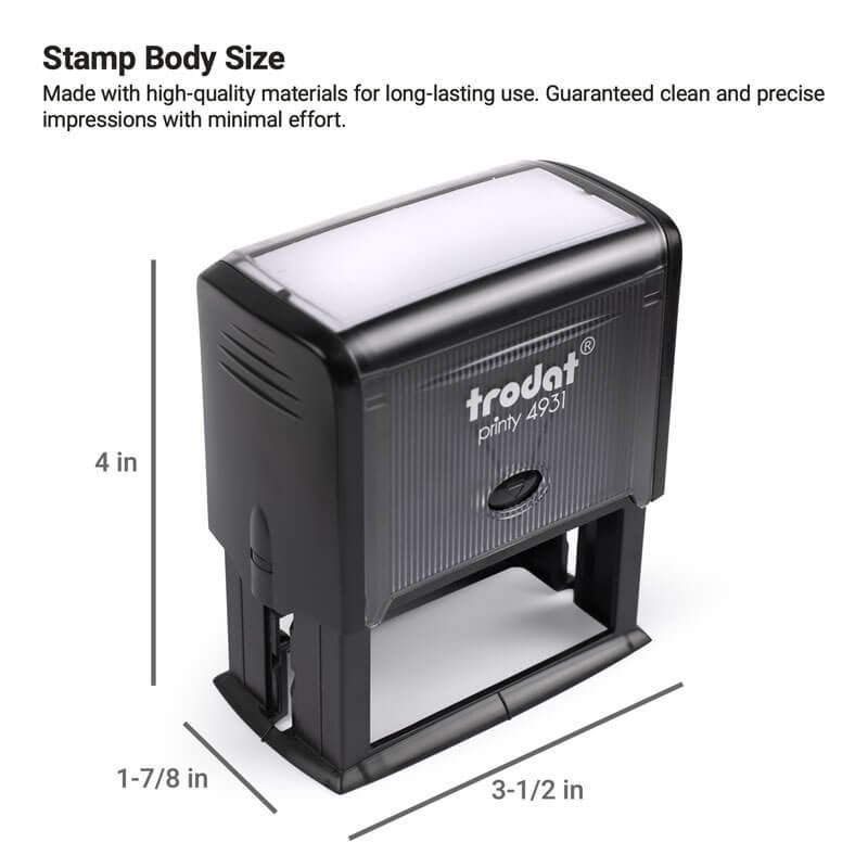 Self-inking Trodat Printy 4931 stamp with body dimensions labeled as 4" tall, 1-7/8" wide, and 3-1/2" long