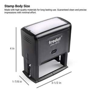 Self-inking Trodat Printy 4931 stamp with body dimensions labeled as 4" tall, 1-7/8" wide, and 3-1/2" long