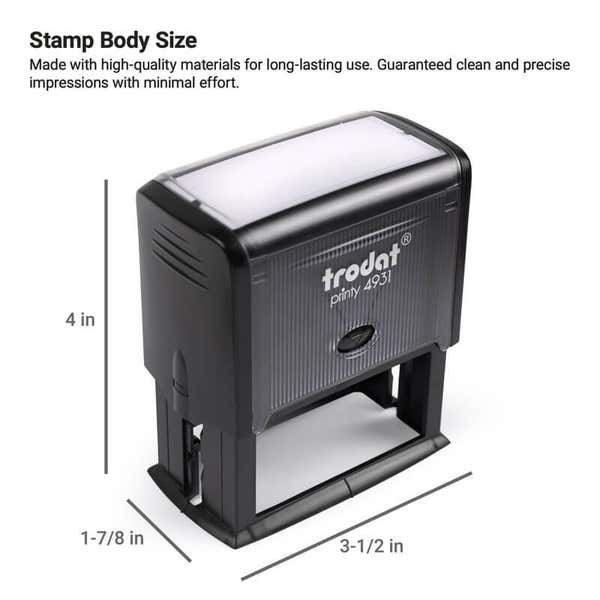 Self-inking Trodat Printy 4931 stamp with body dimensions labeled as 4" tall, 1-7/8" wide, and 3-1/2" long