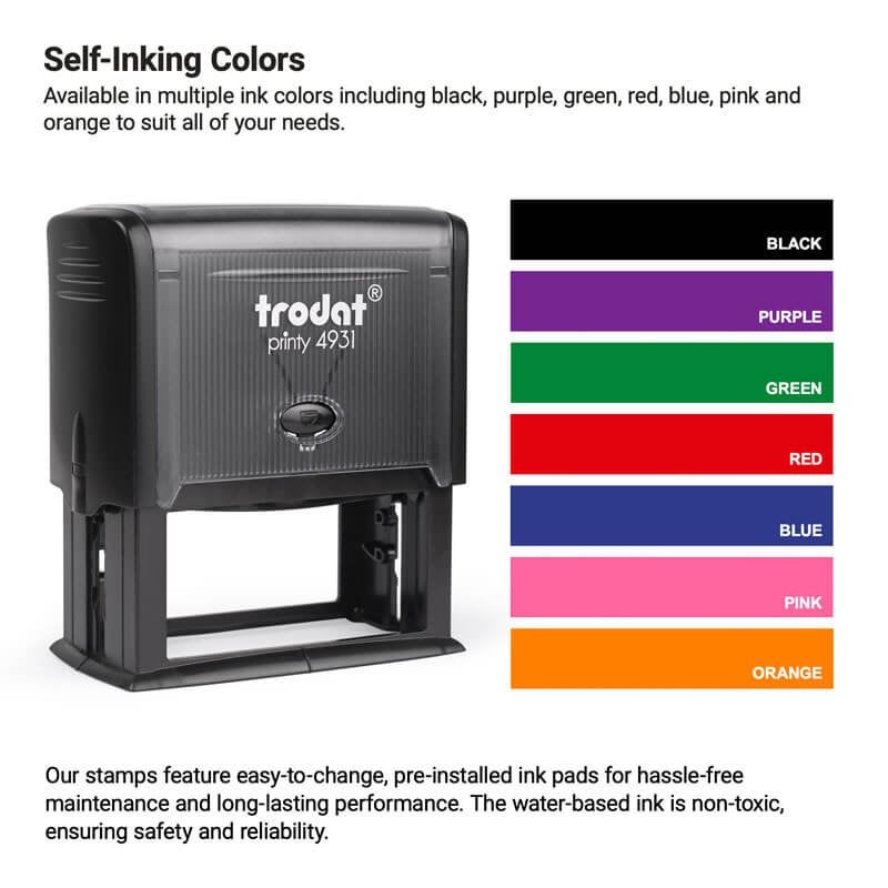 Image of a self-inking stamp. Next to it is a color chart displaying ink options: black, purple, green, red, blue, pink, and orange. Text details the stamps features, including easy-to-change ink pads.
