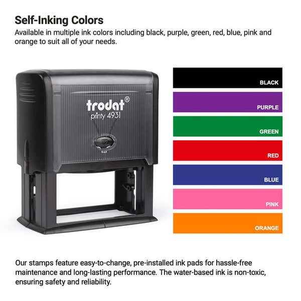 Image of a self-inking stamp. Next to it is a color chart displaying ink options: black, purple, green, red, blue, pink, and orange. Text details the stamps features, including easy-to-change ink pads.