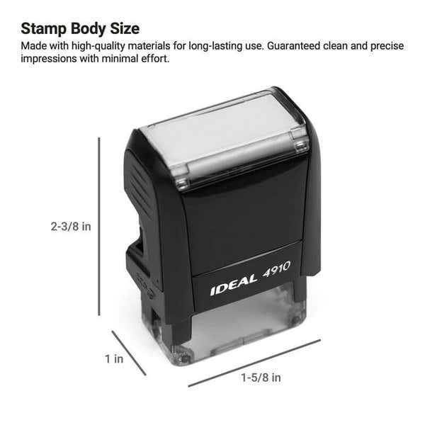 Black rectangular stamp labeled IDEAL 4910 with dimensions 2-3/8 x 1-5/8 x 1 inches. Text states its made with high-quality materials for long-lasting use, ensuring clean and precise impressions.