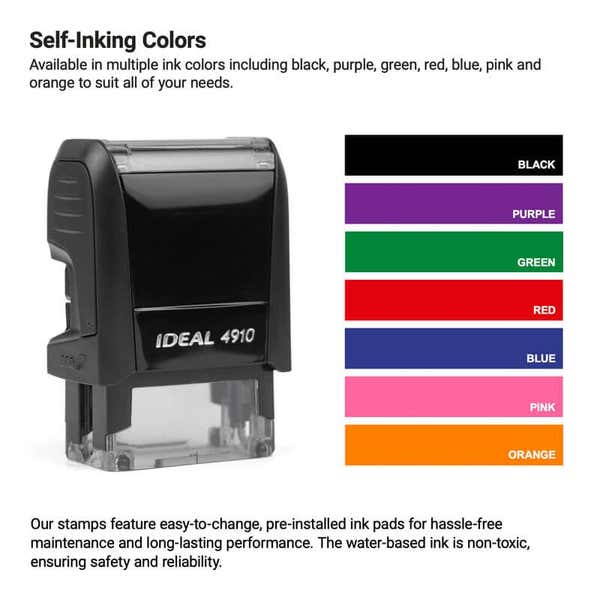 Image of a self-inking stamp. Next to it is a color chart displaying ink options: black, purple, green, red, blue, pink, and orange. Text details the stamps features, including easy-to-change ink pads.