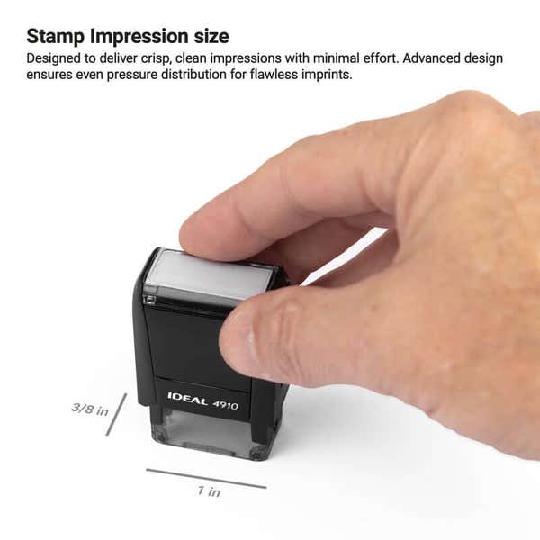  A hand holding a black IDEAL 4910 stamp over a plain white background. Text at the top describes the stamps features, emphasizing its ability to create crisp, clean impressions. Dimensions shown: 3/8 inch by 1 inch