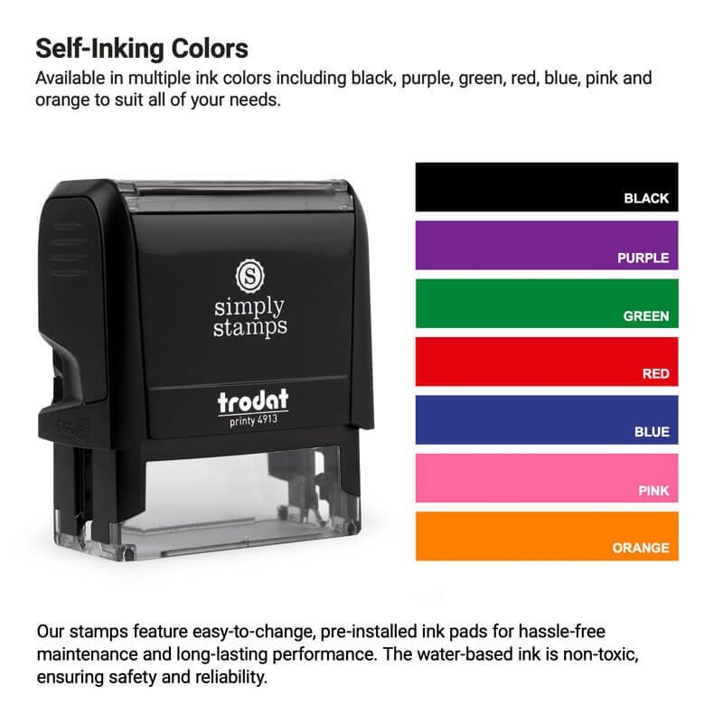 Self-inking stamp with Simply Stamps logo shown next to available ink color options including black, purple, green, red, blue, pink, and orange.