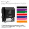 Self-inking stamp with Simply Stamps logo shown next to available ink color options including black, purple, green, red, blue, pink, and orange.