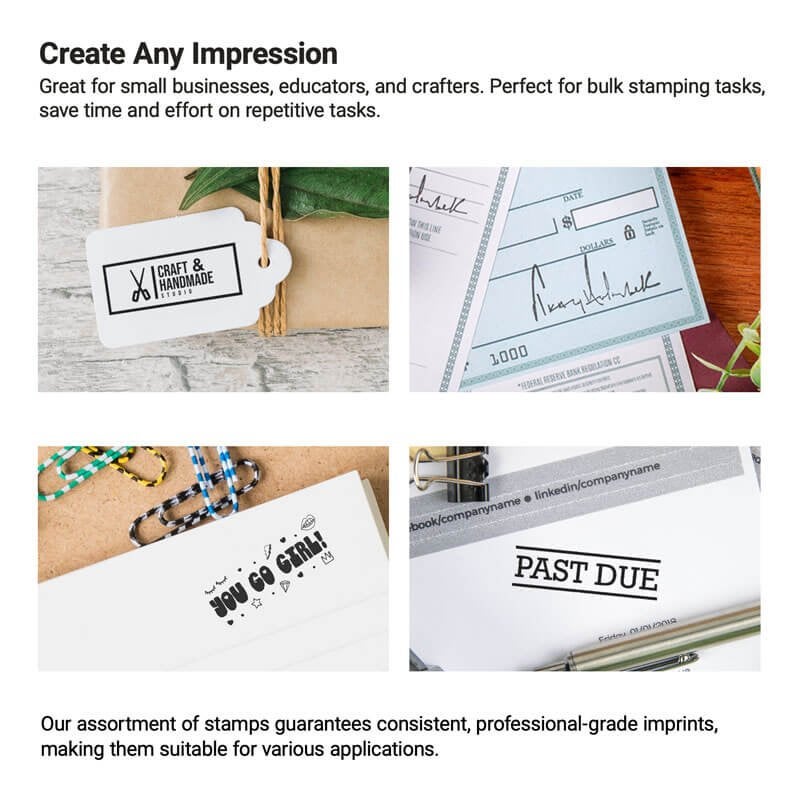 Examples of custom stamp uses including handmade product tags, signature stamps on checks, motivational messages on notes, and 'Past Due' office stamps.