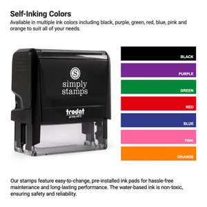 Self-inking stamp with Simply Stamps logo shown next to available ink color options including black, purple, green, red, blue, pink, and orange.