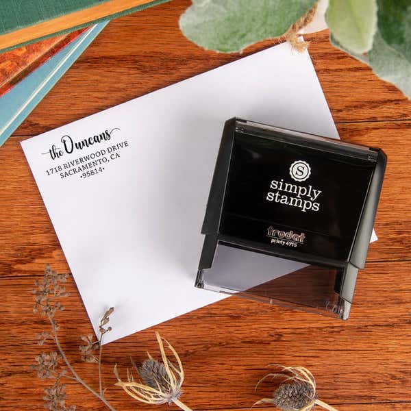 Simply Stamps Trodat Printy 4915 custom stamp shown creating a personalized return address impression, demonstrating one way to use a custom stamp for mailing.
