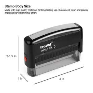 Trodat Printy 4916 self-inking stamp with body size 2.5" x 3" x 1", designed for durable, efficient stamping in office and business settings.