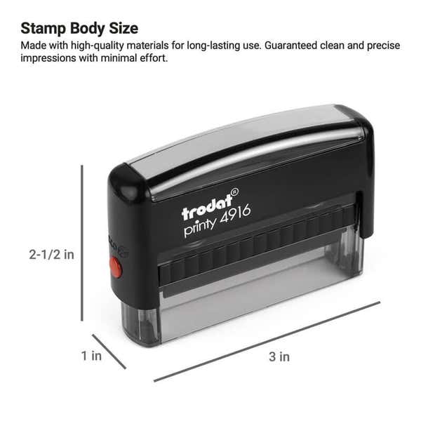 Trodat Printy 4916 self-inking stamp with body size 2.5" x 3" x 1", designed for durable, efficient stamping in office and business settings.