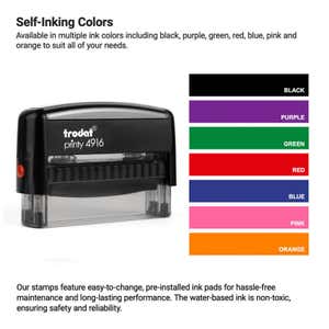 Self-inking stamp shown with ink color chart featuring black, purple, green, red, blue, pink, and orange options. Text highlights easy-to-replace ink pads and user-friendly design.