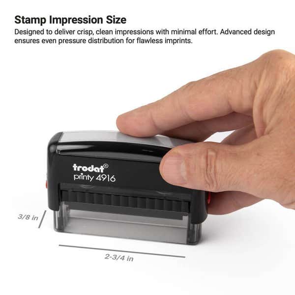 Hand pressing a Trodat Printy 4916 self-inking stamp with impression size 3/8" x 2-3/4"