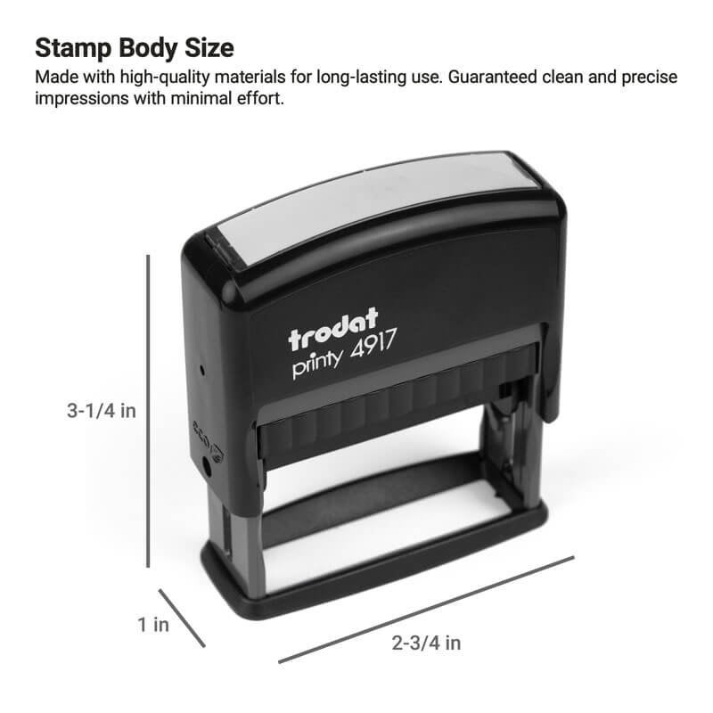 Self-inking stamp by Trodat, model Printy 4917, measuring 3.25" tall and designed for compact, everyday office tasks