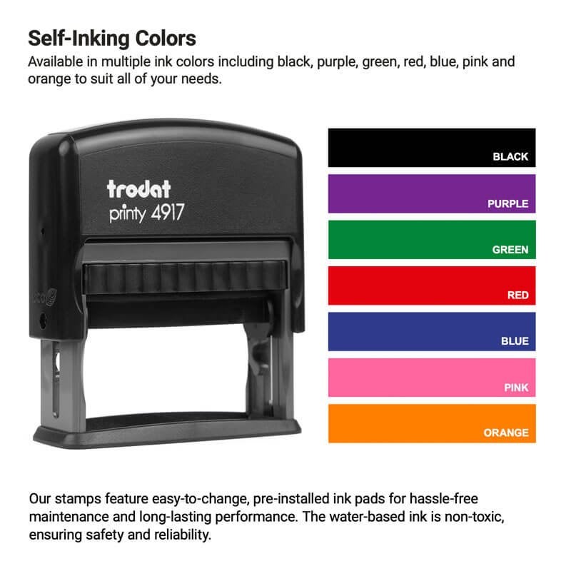 Image of a self-inking stamp. Next to it is a color chart displaying ink options: black, purple, green, red, blue, pink, and orange. Text details the stamps features, including easy-to-change ink pads.