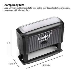 Side view of a Trodat Printy 4918 self-inking stamp with physical dimensions of 3" x 3.75" x 1.375", showing its compact and sturdy build.