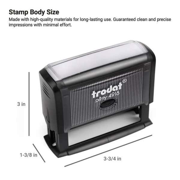 Side view of a Trodat Printy 4918 self-inking stamp with physical dimensions of 3" x 3.75" x 1.375", showing its compact and sturdy build.