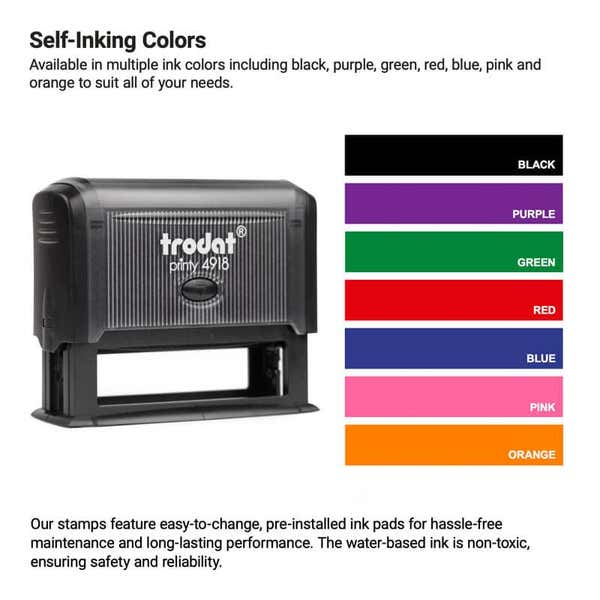 Image of a self-inking stamp. Next to it is a color chart displaying ink options: black, purple, green, red, blue, pink, and orange. Text details the stamps features, including easy-to-change ink pads.
