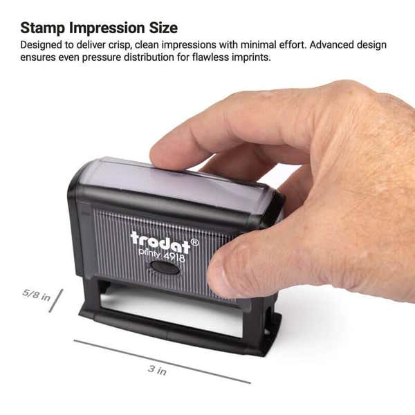 Hand pressing a Trodat Printy 4918 self-inking stamp with a 5/8" x 3" impression size, intended for single-line custom text or labels.