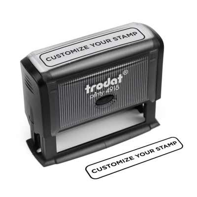 Trodat Printy 4918 self-inking stamp labeled “Customize Your Stamp,” shown with a printed example of its rectangular impression.