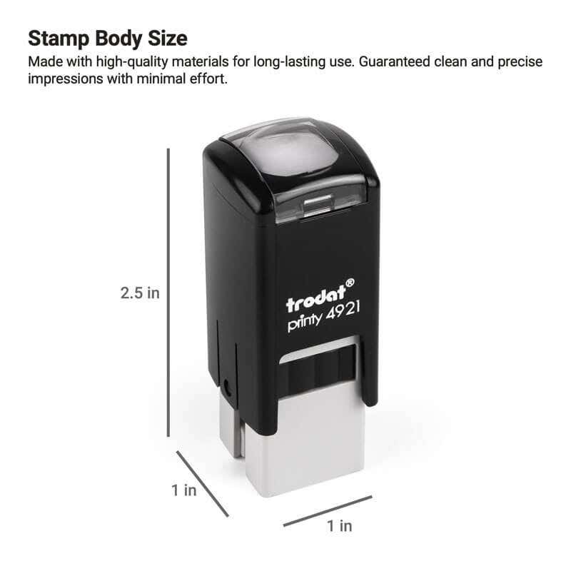 Compact Trodat Printy 4921 self-inking stamp with body dimensions 2.5" x 1" x 1"