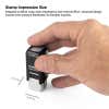 Hand pressing down on a Trodat Printy 4921 stamp with 1/2" x 1/2" impression area, designed for small square marks