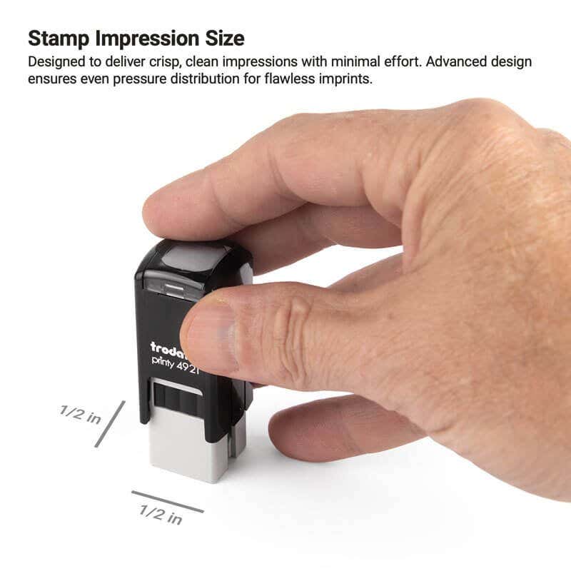 Hand pressing down on a Trodat Printy 4921 stamp with 1/2" x 1/2" impression area, designed for small square marks