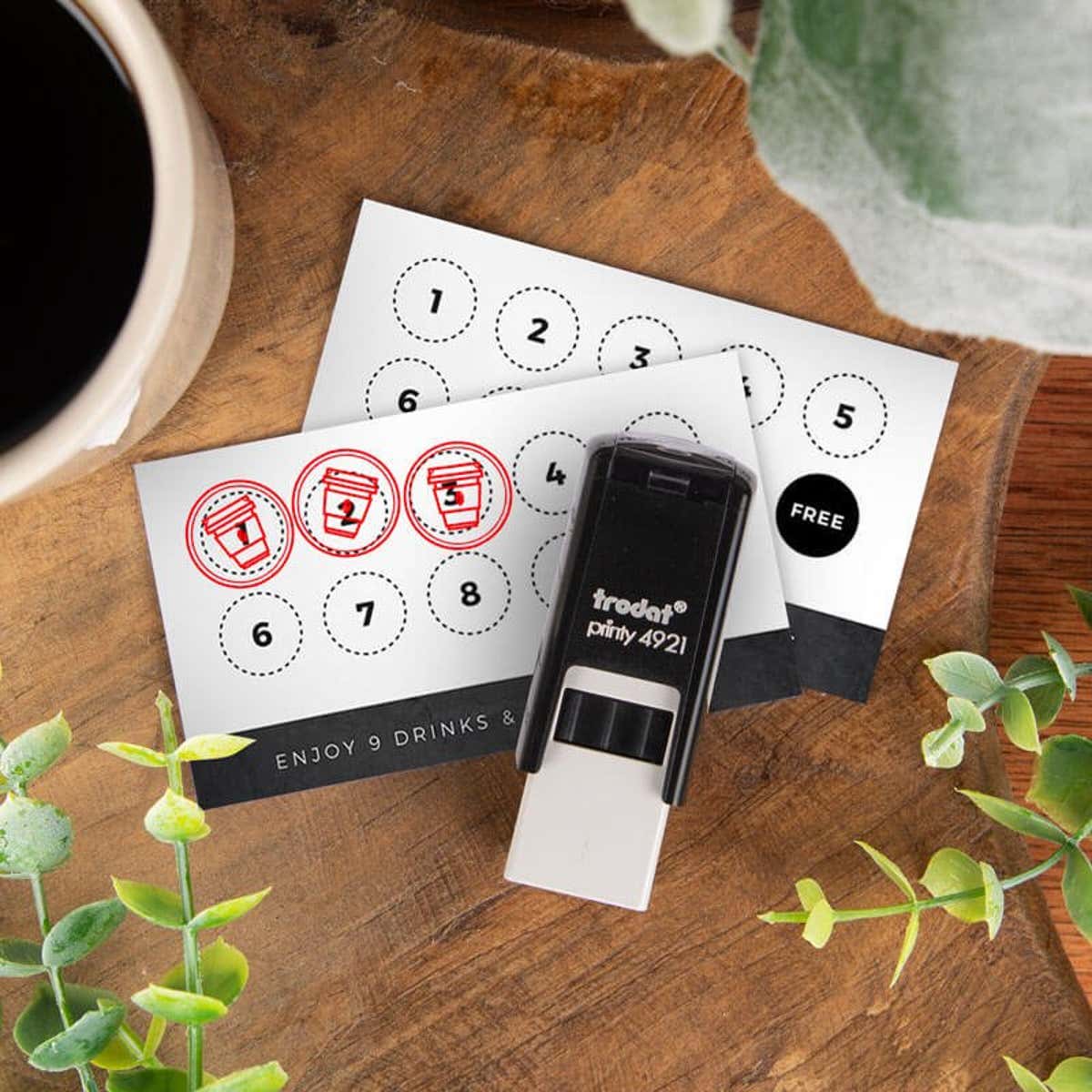 Custom stamp used to mark loyalty punch cards with a coffee cup icon, perfect for small businesses, cafés, and customer rewards programs.