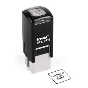 Black Trodat Printy 4921 stamp shown upright with a square sample imprint labeled “Customize Your Stamp” beside it