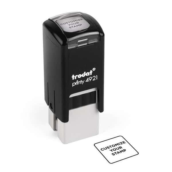 Black Trodat Printy 4921 stamp shown upright with a square sample imprint labeled “Customize Your Stamp” beside it