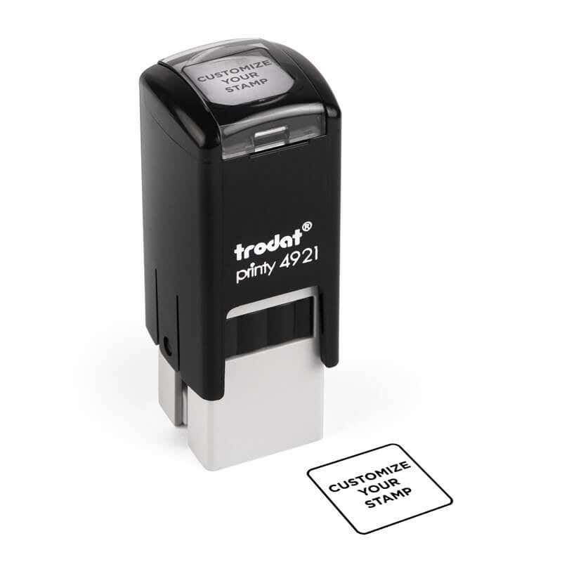 Black Trodat Printy 4921 stamp shown upright with a square sample imprint labeled “Customize Your Stamp” beside it