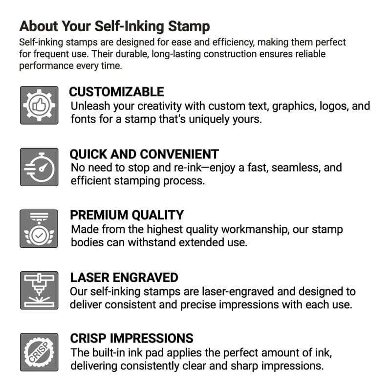 An informational graphic about self-inking stamps, featuring icons and descriptions for features: customizable text and designs, fast and easy use, premium quality construction, laser engraving, and crisp impressions for clear, sharp marks.