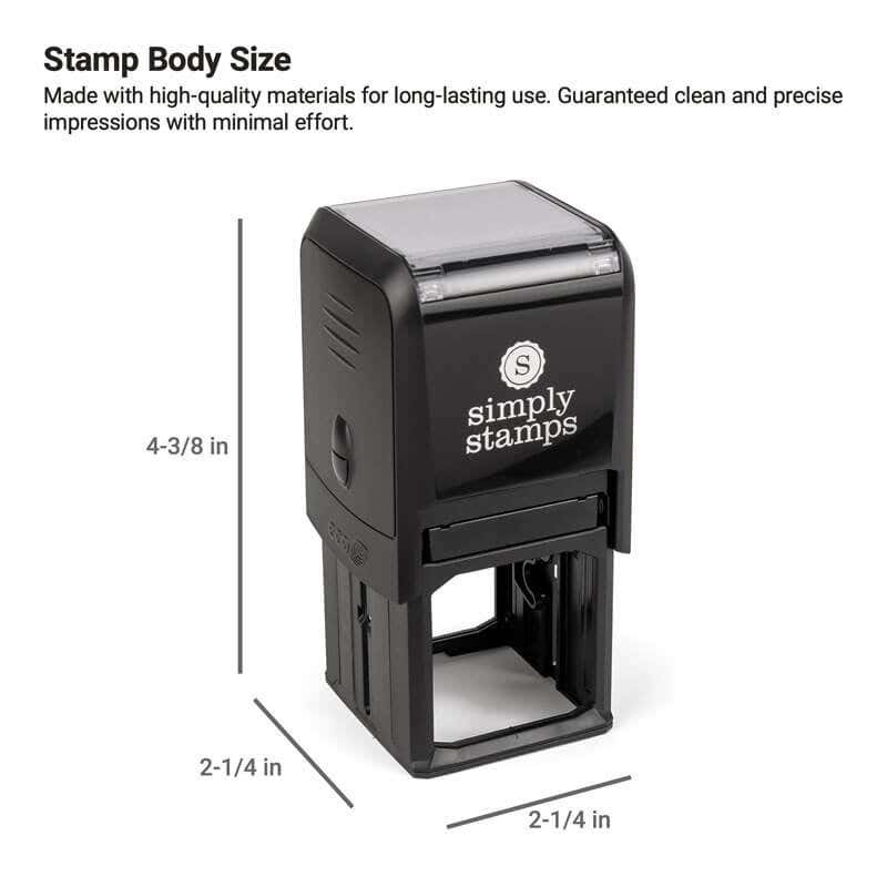 Simply Stamps self-inking stamp with body dimensions labeled as 4-3/8" tall x 2-1/4" wide x 2-1/4" deep.