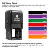 Image of a self-inking stamp. Next to it is a color chart displaying ink options: black, purple, green, red, blue, pink, and orange. Text details the stamps features, including easy-to-change ink pads.