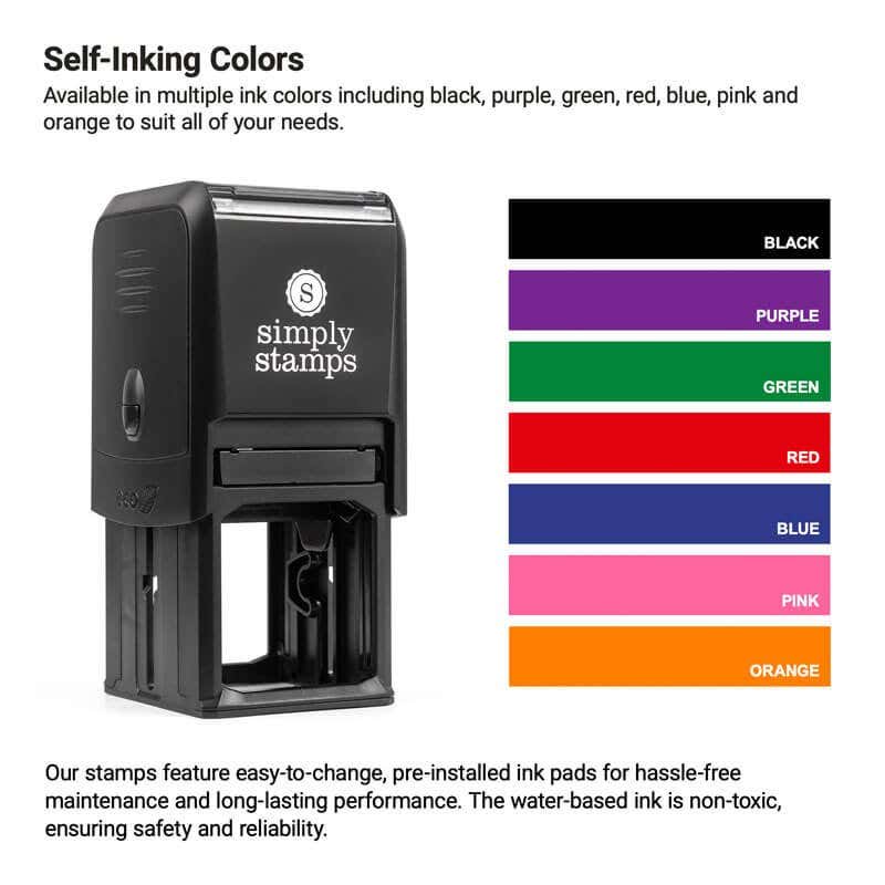 Image of a self-inking stamp. Next to it is a color chart displaying ink options: black, purple, green, red, blue, pink, and orange. Text details the stamps features, including easy-to-change ink pads.
