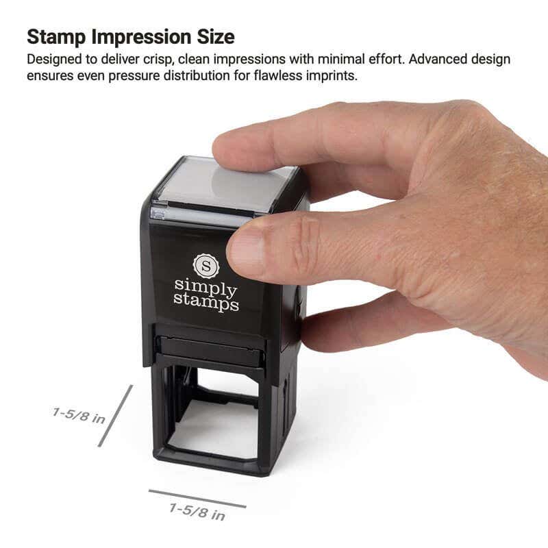 Hand pressing a square Simply Stamps self-inking stamp with a 1-5/8" x 1-5/8" impression area, demonstrating size and use