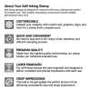  An informational graphic about self-inking stamps, featuring icons and descriptions for features: customizable text and designs, fast and easy use, premium quality construction, laser engraving, and crisp impressions for clear, sharp marks.