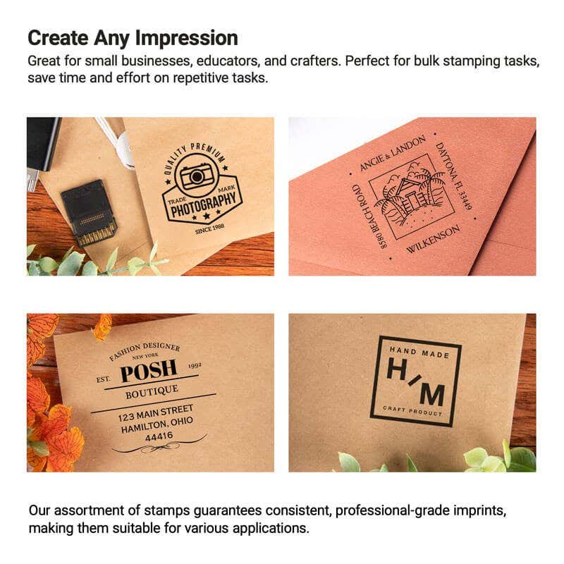 4 examples on how customers have customized their stamp for a business and personal use. 