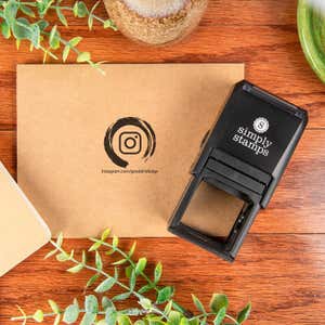 Custom logo stamp impression on brown envelope created with a Simply Stamps self-inking stamp