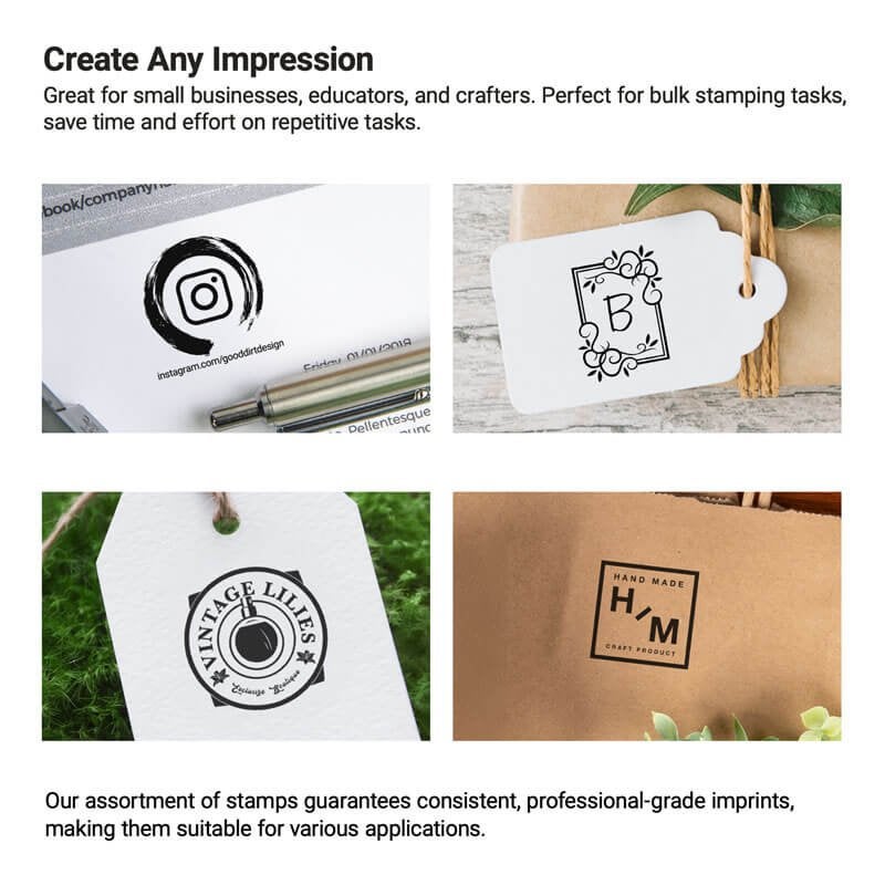 Examples of custom stamp impressions on tags, packaging, and paper
