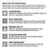 Infographic explaining key features of self-inking stamps including customization, convenience, premium quality, laser engraving, and crisp impressions